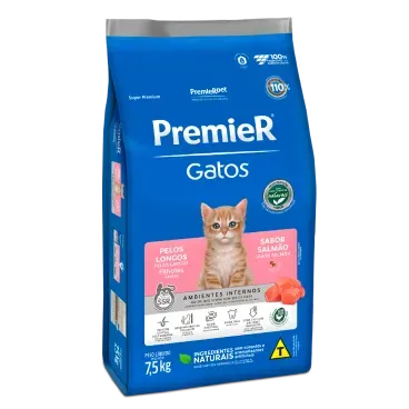 Racao Premier Ambientes Internos Gatos Filhotes Pelos Longos Salmao 7.5kg lateral
